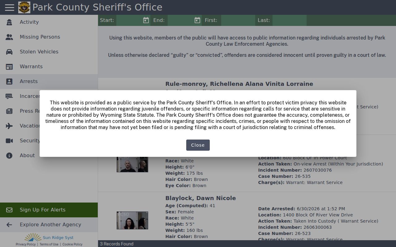 Park County arrest records Citizen RIMS arrests