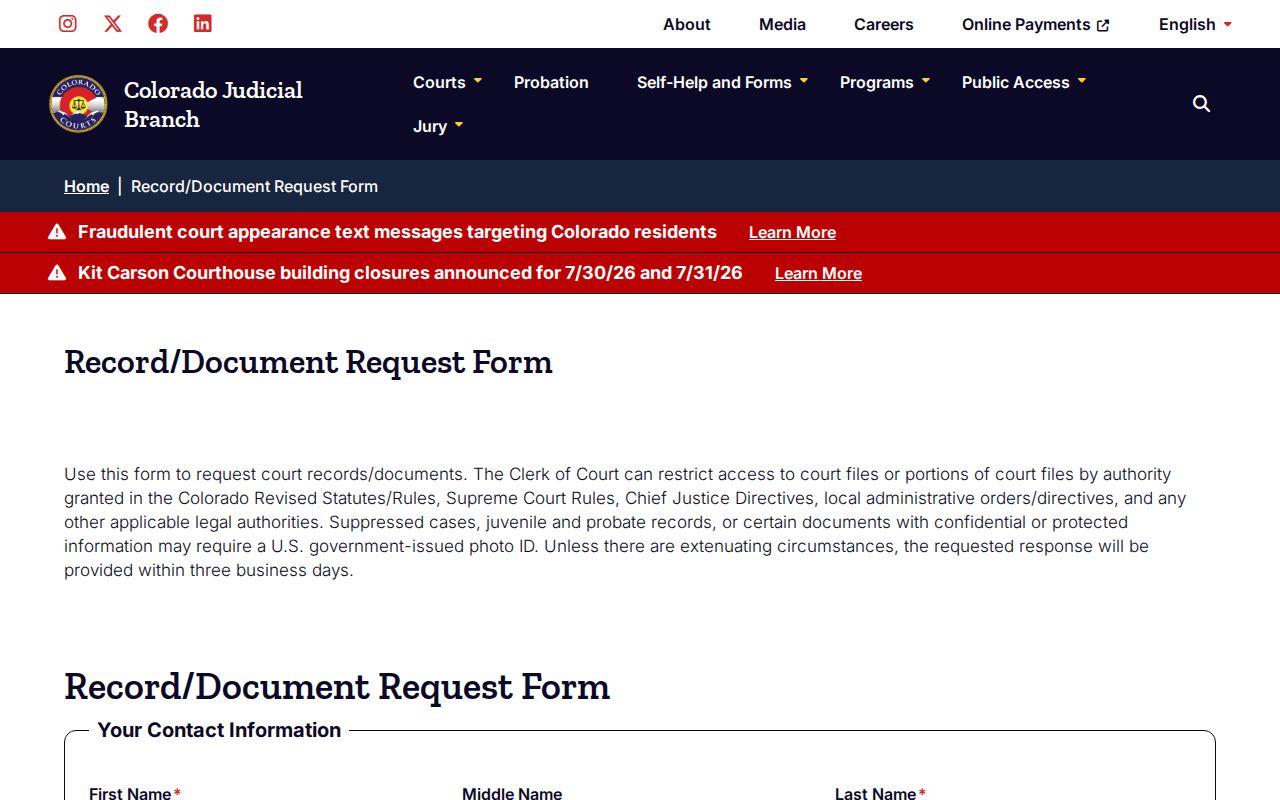Park County court records Colorado document request form