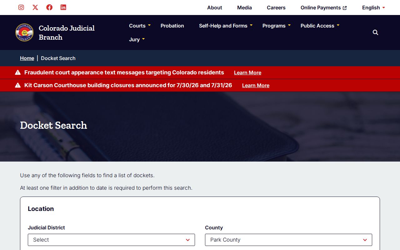 Park County court records docket search results