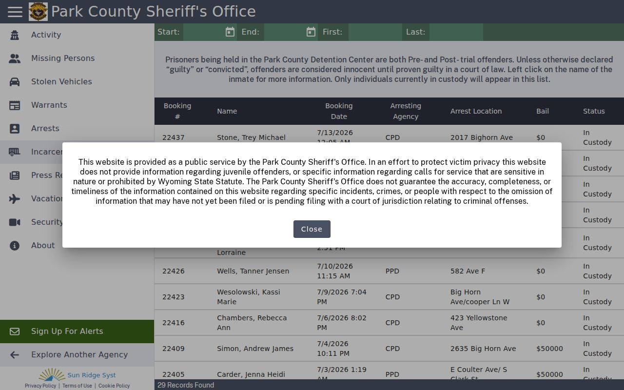 Park County inmate records Citizen RIMS incarcerated people search