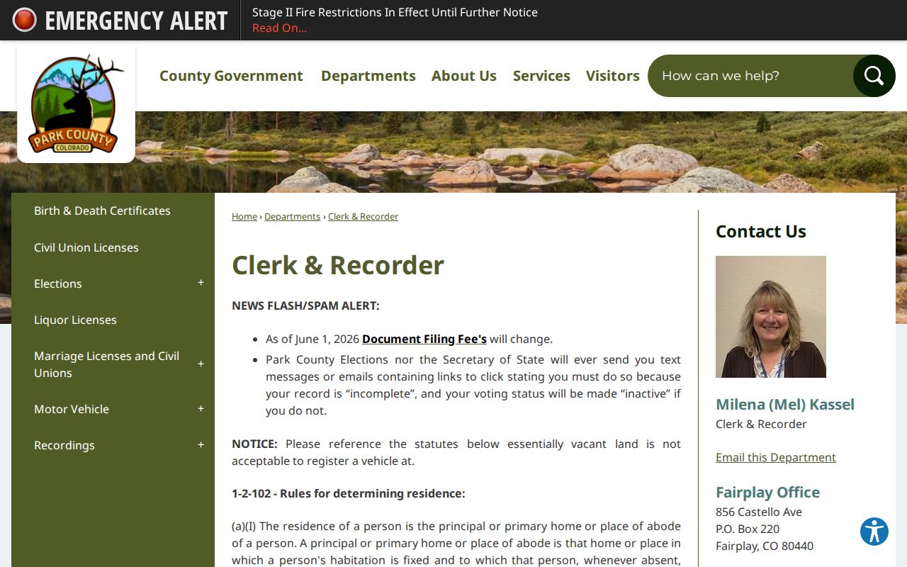 Park County marriage records Clerk and Recorder service page