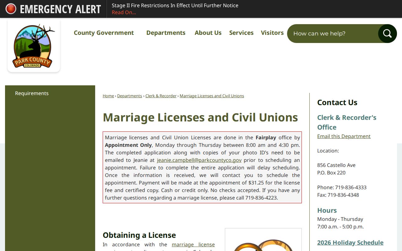 Park County marriage records license and civil union appointment page
