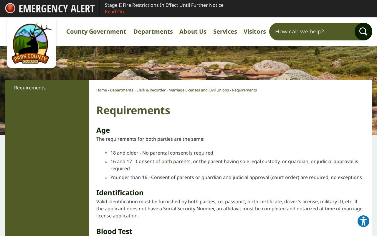 Park County marriage records requirements page for identification and eligibility