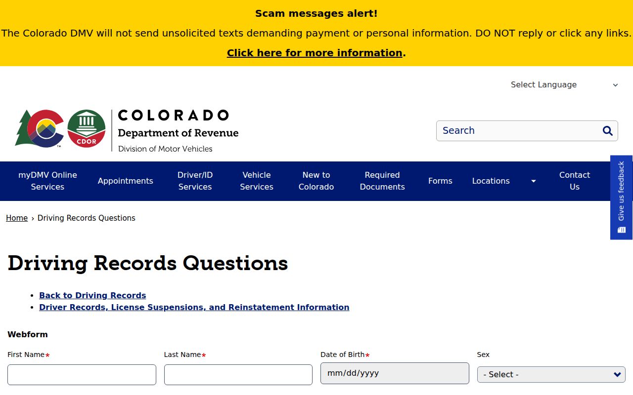 Park County traffic court records DMV driving records questions webform