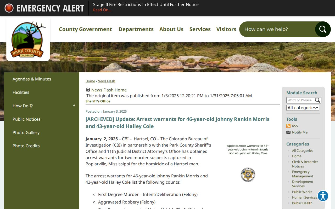Park County warrant records arrest warrants news item